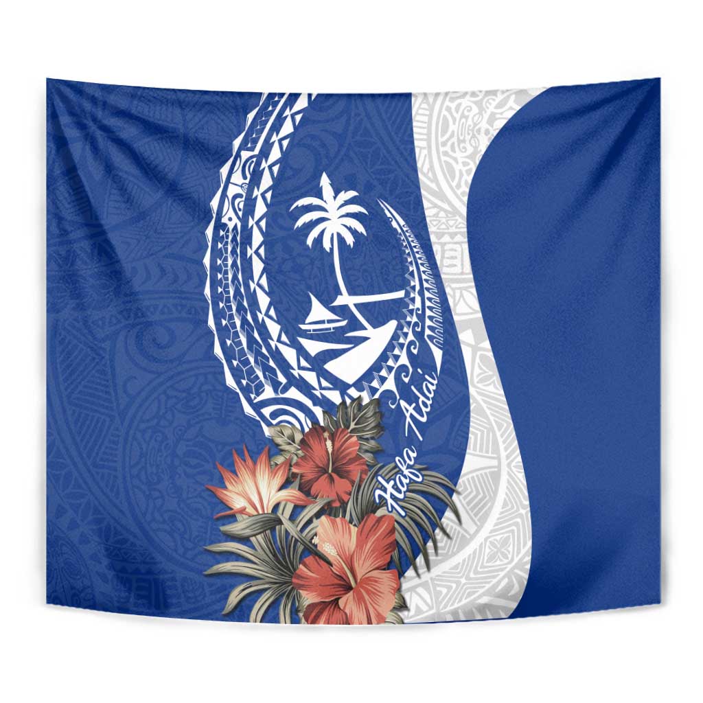 Blue Guam Hafa Adai Tapestry Tropical Flowers with Polynesian Pattern