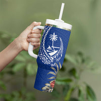 Blue Guam Hafa Adai Tumbler With Handle Tropical Flowers with Polynesian Pattern