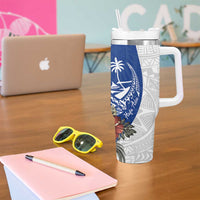 Blue Guam Hafa Adai Tumbler With Handle Tropical Flowers with Polynesian Pattern