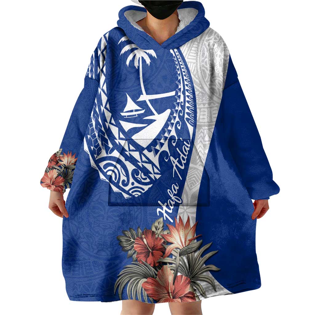 Blue Guam Hafa Adai Wearable Blanket Hoodie Tropical Flowers with Polynesian Pattern