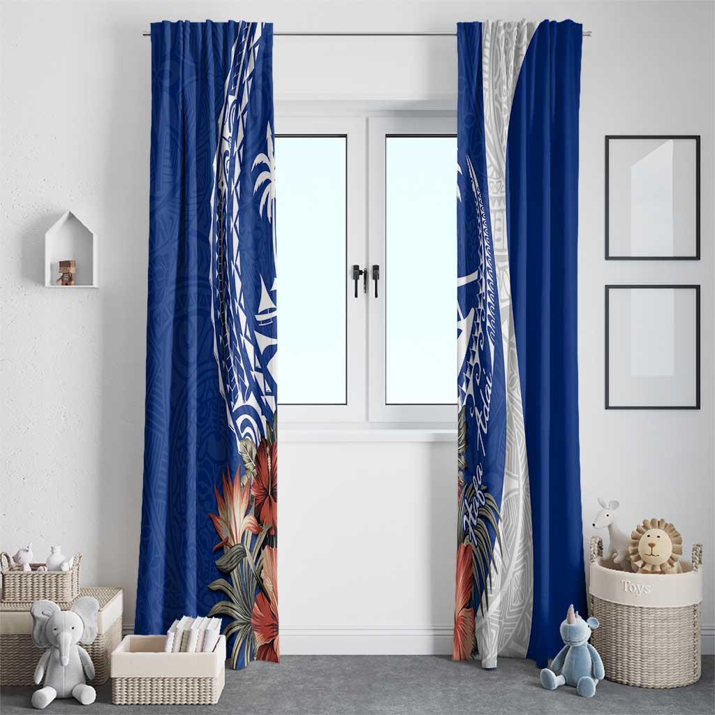 Blue Guam Hafa Adai Window Curtain Tropical Flowers with Polynesian Pattern