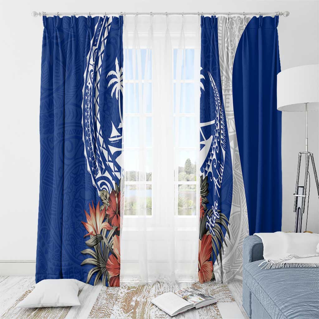 Blue Guam Hafa Adai Window Curtain Tropical Flowers with Polynesian Pattern