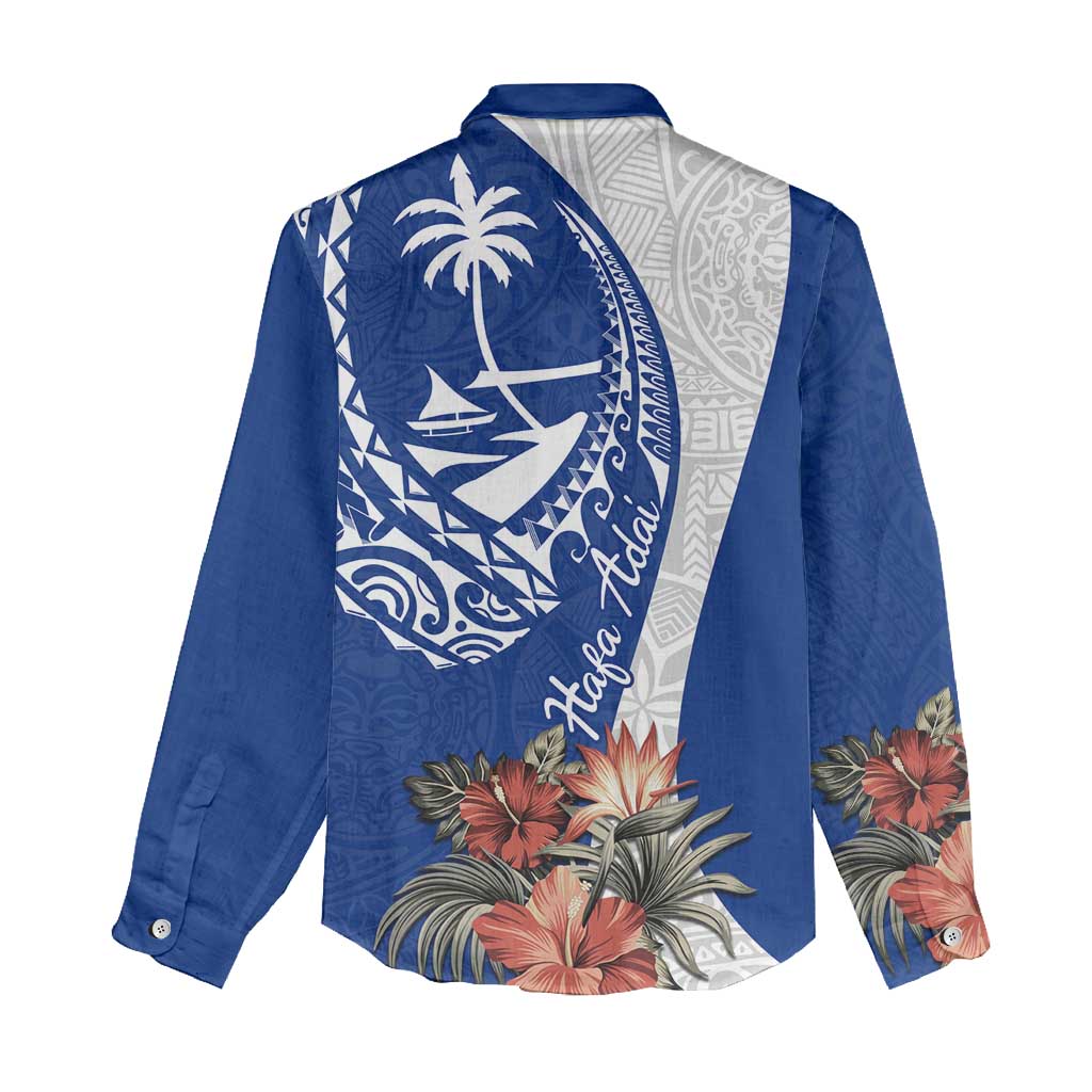 Blue Guam Hafa Adai Women Casual Shirt Tropical Flowers with Polynesian Pattern