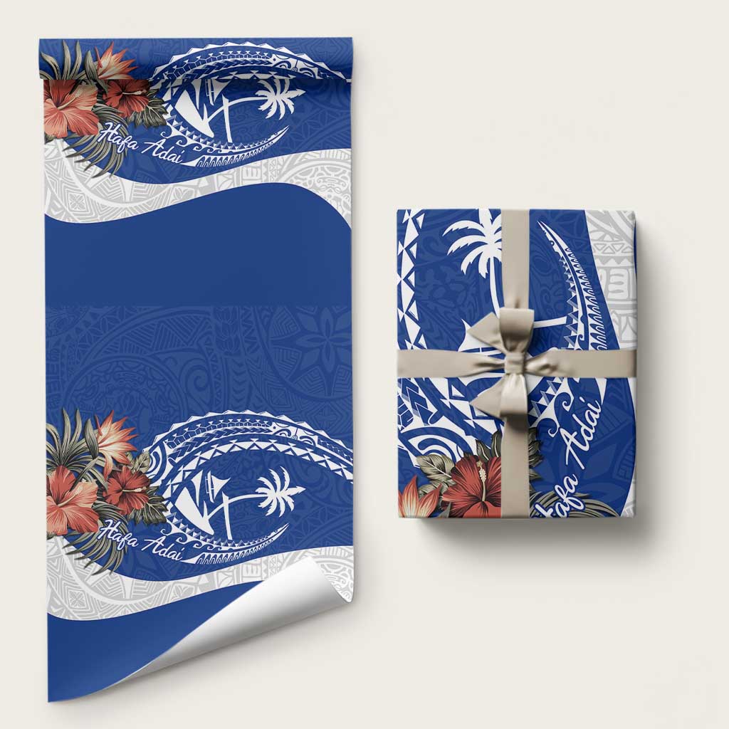 Blue Guam Hafa Adai Wrapping Paper Tropical Flowers with Polynesian Pattern - Polynesian Pride