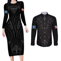 Queensland Maori Rugby Nga Hau e Wha Couples Matching Long Sleeve Bodycon Dress and Long Sleeve Button Shirt Black Motif LT9 Black - Polynesian Pride