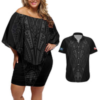 Queensland Maori Rugby Nga Hau e Wha Couples Matching Off Shoulder Short Dress and Hawaiian Shirt Black Motif LT9 Black - Polynesian Pride