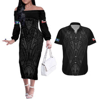 Queensland Maori Rugby Nga Hau e Wha Couples Matching Off The Shoulder Long Sleeve Dress and Hawaiian Shirt Black Motif LT9 Black - Polynesian Pride