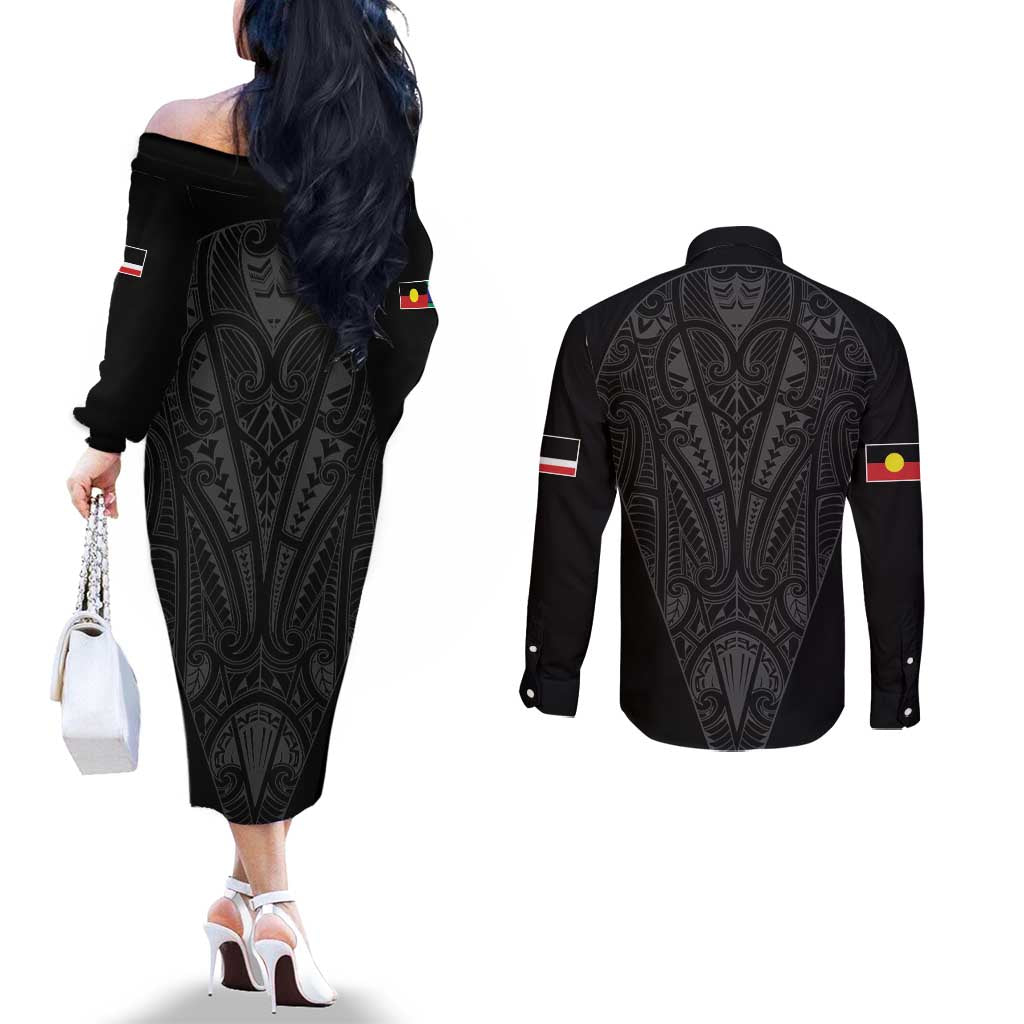 Queensland Maori Rugby Nga Hau e Wha Couples Matching Off The Shoulder Long Sleeve Dress and Long Sleeve Button Shirt Black Motif LT9 - Polynesian Pride