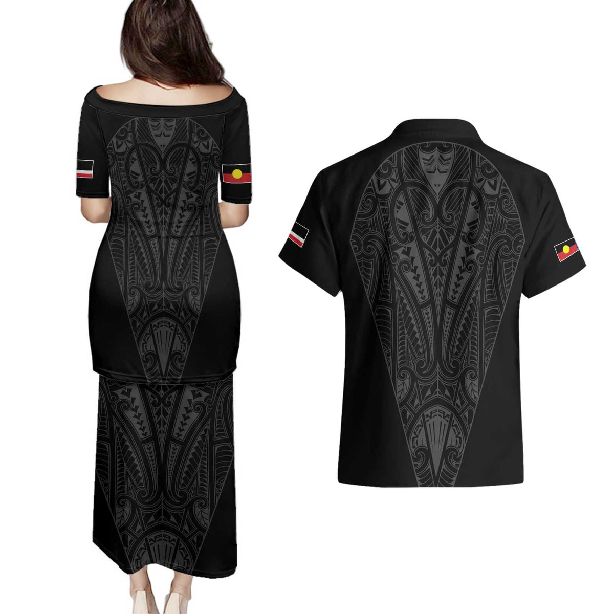 Queensland Maori Rugby Nga Hau e Wha Couples Matching Puletasi and Hawaiian Shirt Black Motif