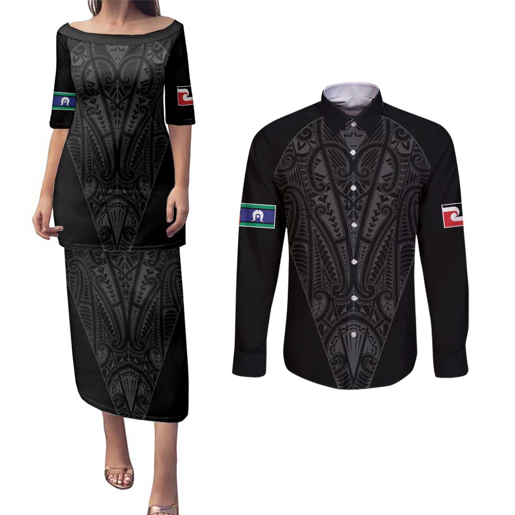 Queensland Maori Rugby Nga Hau e Wha Couples Matching Puletasi and Long Sleeve Button Shirt Black Motif LT9 Black - Polynesian Pride