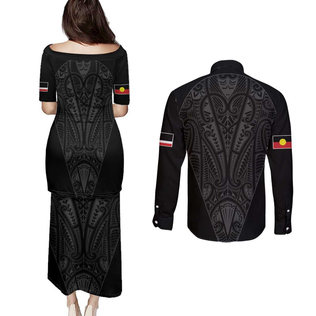 Queensland Maori Rugby Nga Hau e Wha Couples Matching Puletasi and Long Sleeve Button Shirt Black Motif LT9 - Polynesian Pride