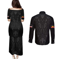Queensland Maori Rugby Nga Hau e Wha Couples Matching Puletasi and Long Sleeve Button Shirt Black Motif LT9 - Polynesian Pride
