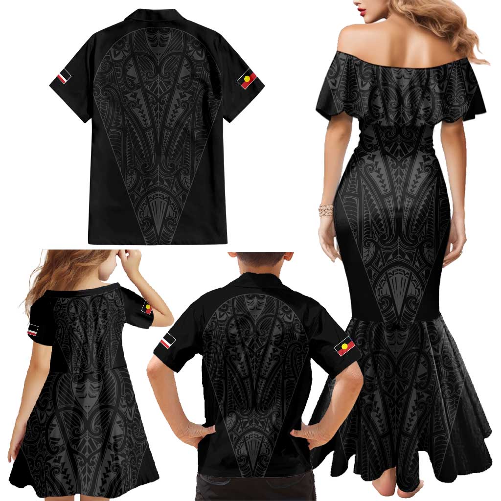 Queensland Maori Rugby Nga Hau e Wha Family Matching Mermaid Dress and Hawaiian Shirt Black Motif LT9 - Polynesian Pride