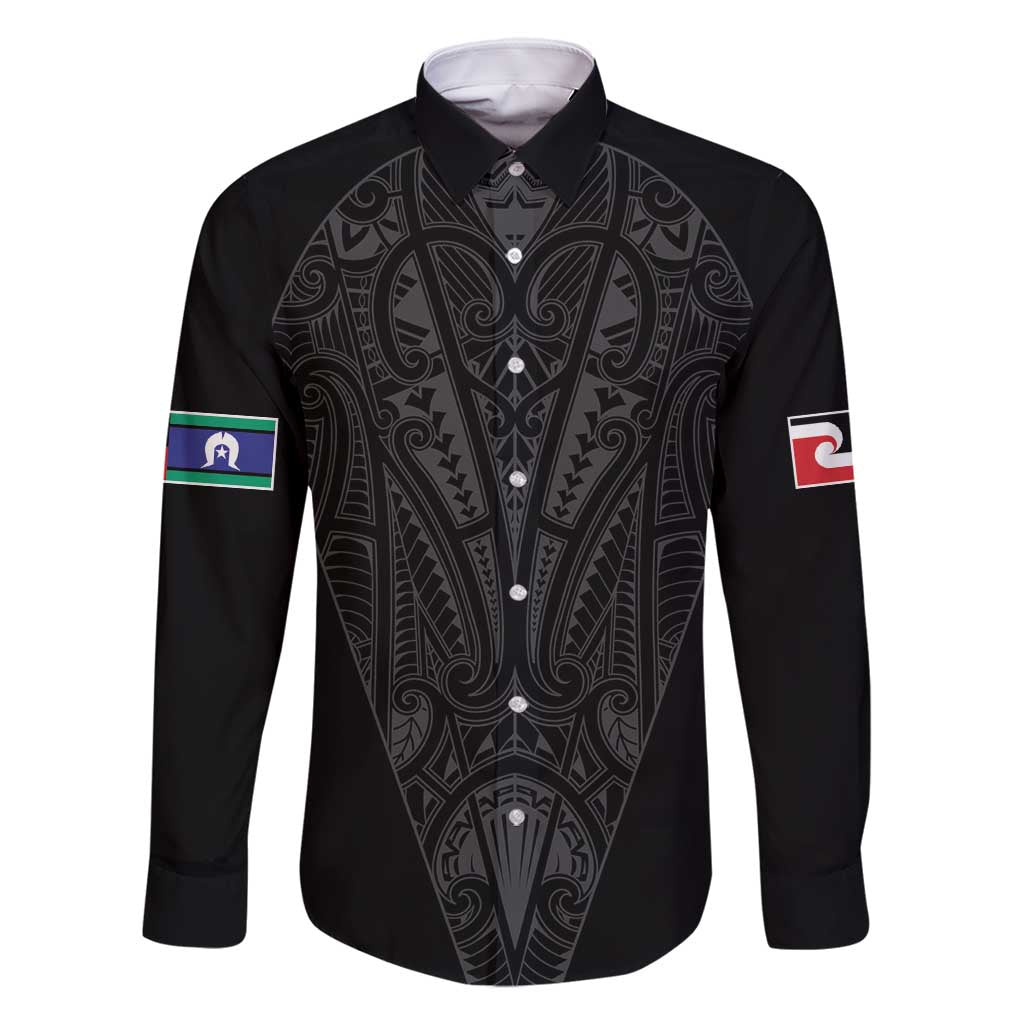 Queensland Maori Rugby Nga Hau e Wha Family Matching Mermaid Dress and Hawaiian Shirt Black Motif LT9 Dad's Shirt - Long Sleeve Black - Polynesian Pride