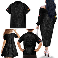 Queensland Maori Rugby Nga Hau e Wha Family Matching Off The Shoulder Long Sleeve Dress and Hawaiian Shirt Black Motif LT9 - Polynesian Pride
