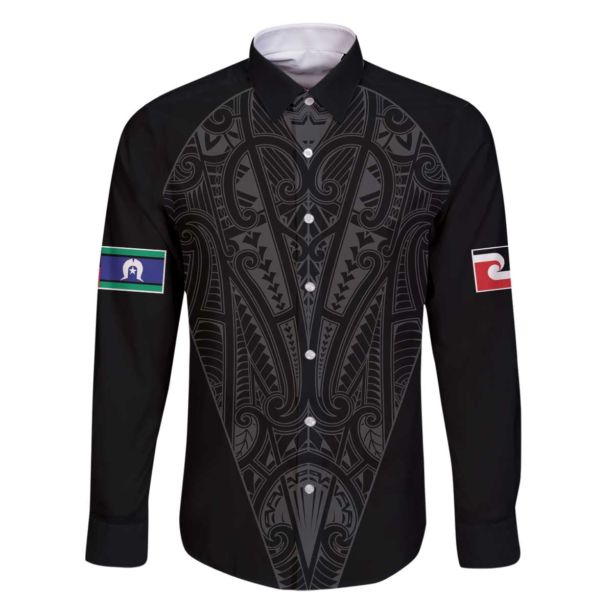 Queensland Maori Rugby Nga Hau e Wha Family Matching Off The Shoulder Long Sleeve Dress and Hawaiian Shirt Black Motif LT9 Dad's Shirt - Long Sleeve Black - Polynesian Pride