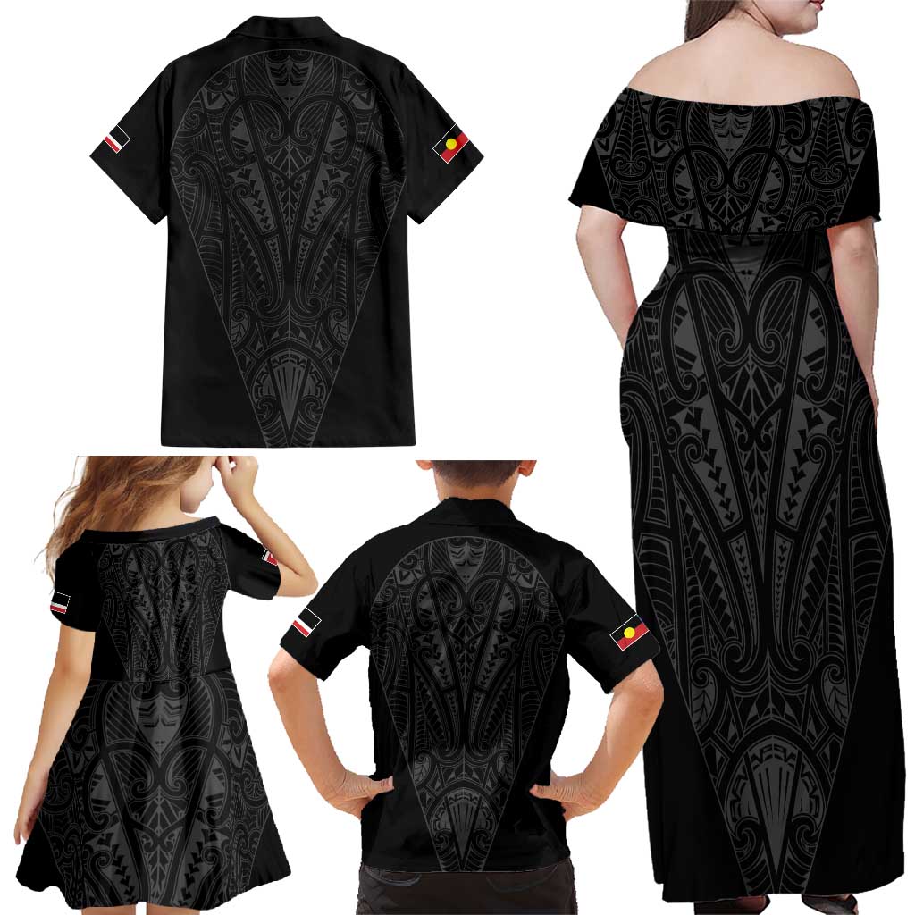 Queensland Maori Rugby Nga Hau e Wha Family Matching Off Shoulder Maxi Dress and Hawaiian Shirt Black Motif