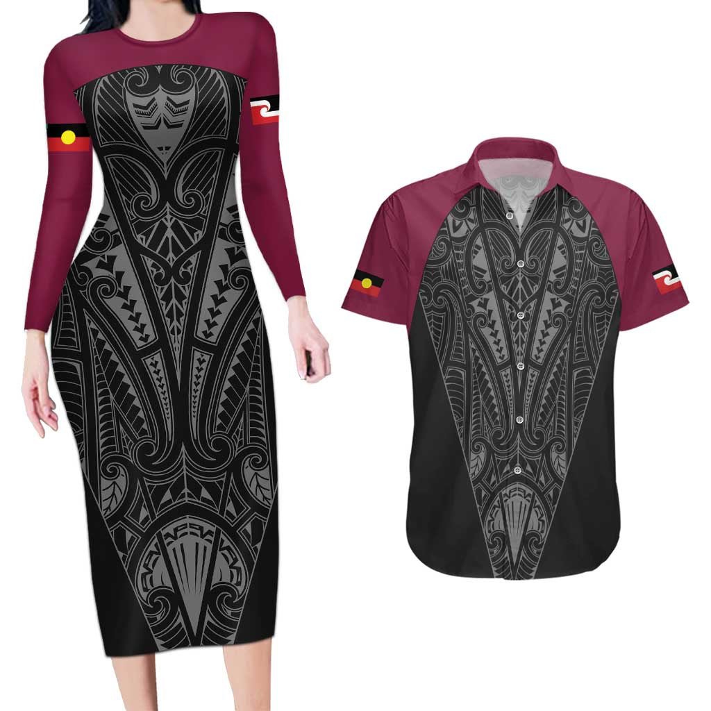 Queensland Maori Rugby Nga Hau e Wha Couples Matching Long Sleeve Bodycon Dress and Hawaiian Shirt Maroon Motif LT9 Maroon - Polynesian Pride