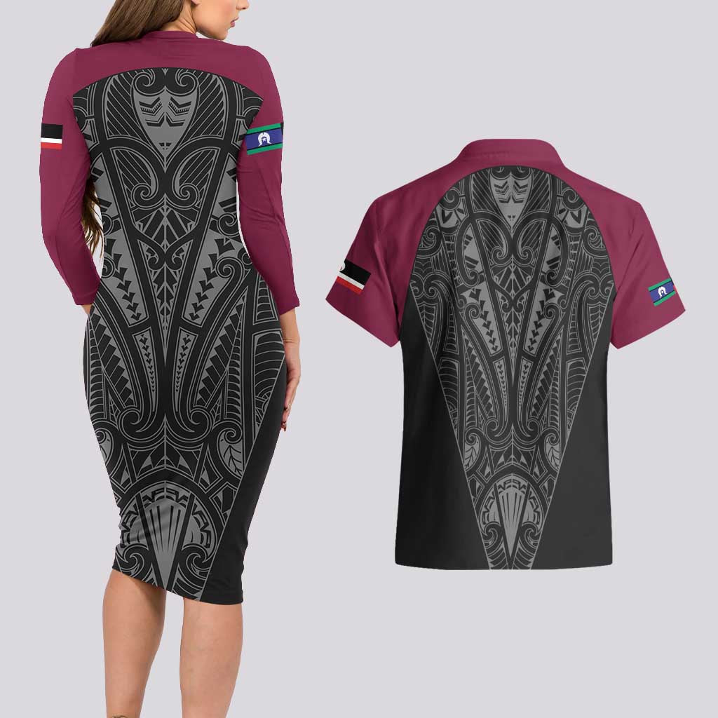 Queensland Maori Rugby Nga Hau e Wha Couples Matching Long Sleeve Bodycon Dress and Hawaiian Shirt Maroon Motif LT9 - Polynesian Pride