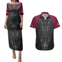 Queensland Maori Rugby Nga Hau e Wha Couples Matching Puletasi and Hawaiian Shirt Maroon Motif LT9 Maroon - Polynesian Pride