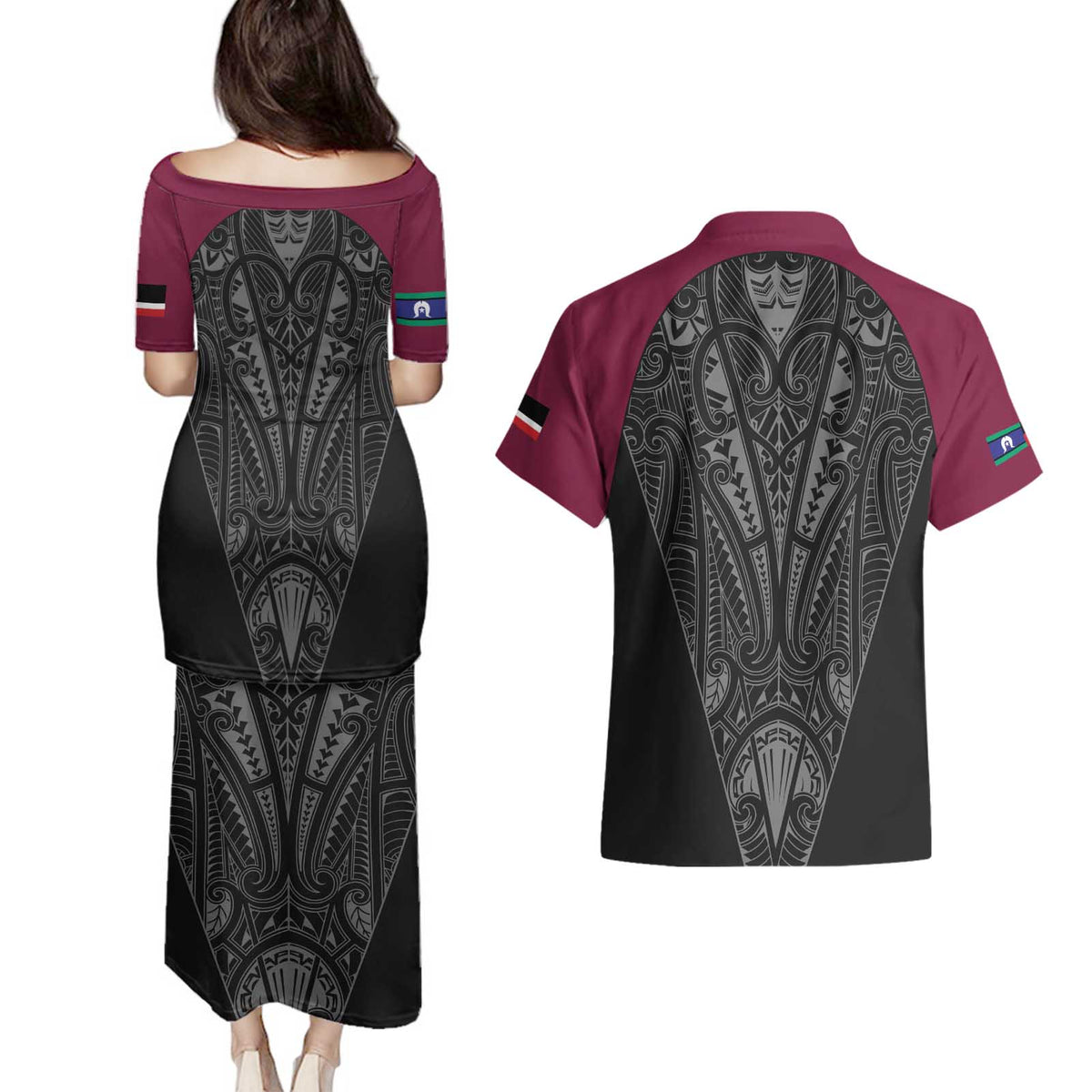 Queensland Maori Rugby Nga Hau e Wha Couples Matching Puletasi and Hawaiian Shirt Maroon Motif LT9 - Polynesian Pride