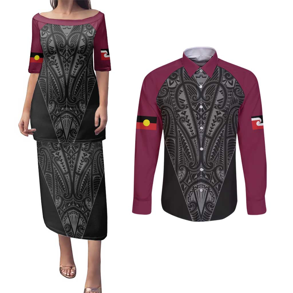 Queensland Maori Rugby Nga Hau e Wha Couples Matching Puletasi and Long Sleeve Button Shirt Maroon Motif LT9 Maroon - Polynesian Pride