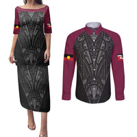 Queensland Maori Rugby Nga Hau e Wha Couples Matching Puletasi and Long Sleeve Button Shirt Maroon Motif LT9 Maroon - Polynesian Pride