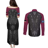 Queensland Maori Rugby Nga Hau e Wha Couples Matching Puletasi and Long Sleeve Button Shirt Maroon Motif LT9 - Polynesian Pride