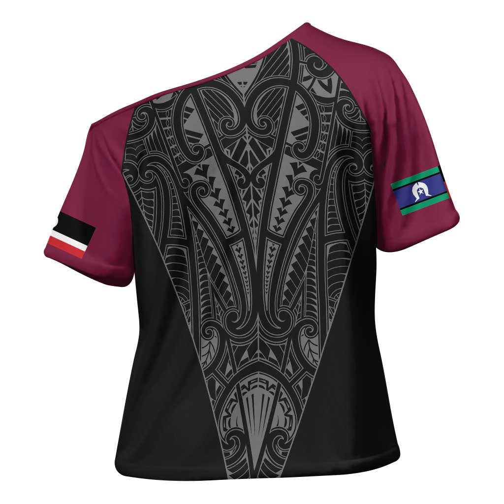 Queensland Maori Rugby Nga Hau e Wha Cross Shoulder Shirt Maroon Motif - Polynesian Pride