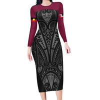 Queensland Maori Rugby Nga Hau e Wha Family Matching Long Sleeve Bodycon Dress and Hawaiian Shirt Maroon Motif LT9 Mom's Dress Maroon - Polynesian Pride
