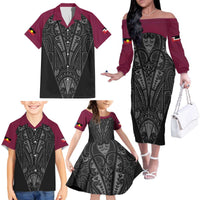 Queensland Maori Rugby Nga Hau e Wha Family Matching Off The Shoulder Long Sleeve Dress and Hawaiian Shirt Maroon Motif LT9 - Polynesian Pride