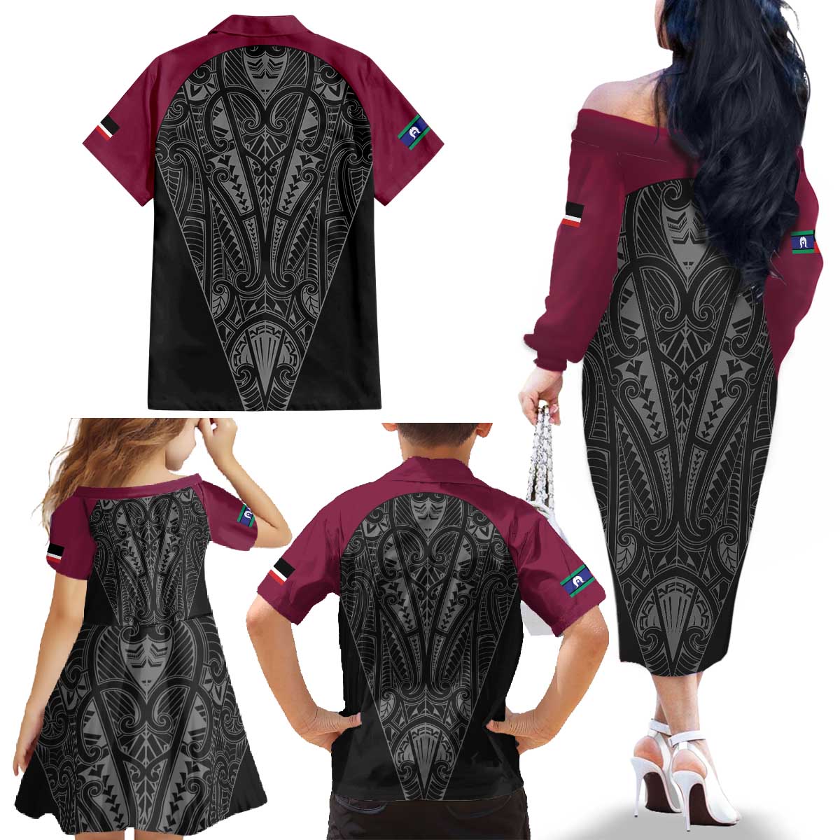 Queensland Maori Rugby Nga Hau e Wha Family Matching Off The Shoulder Long Sleeve Dress and Hawaiian Shirt Maroon Motif LT9 - Polynesian Pride