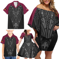 Queensland Maori Rugby Nga Hau e Wha Family Matching Off Shoulder Short Dress and Hawaiian Shirt Maroon Motif LT9 - Polynesian Pride