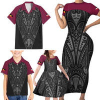 Queensland Maori Rugby Nga Hau e Wha Family Matching Short Sleeve Bodycon Dress and Hawaiian Shirt Maroon Motif LT9 - Polynesian Pride