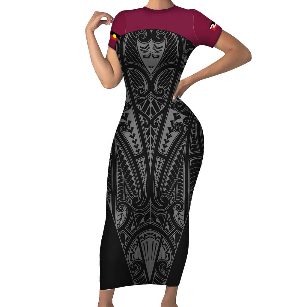 Queensland Maori Rugby Nga Hau e Wha Family Matching Short Sleeve Bodycon Dress and Hawaiian Shirt Maroon Motif LT9 Mom's Dress Maroon - Polynesian Pride
