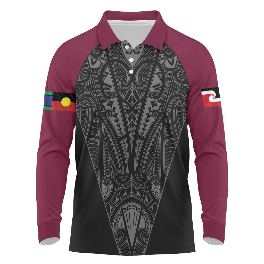 Queensland Maori Rugby Nga Hau e Wha Long Sleeve Polo Shirt Maroon Motif