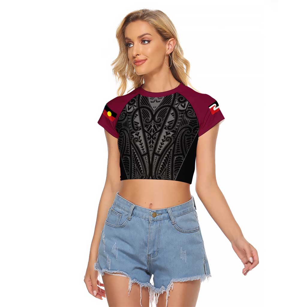 Queensland Maori Rugby Nga Hau e Wha Raglan Cropped T Shirt Maroon Motif