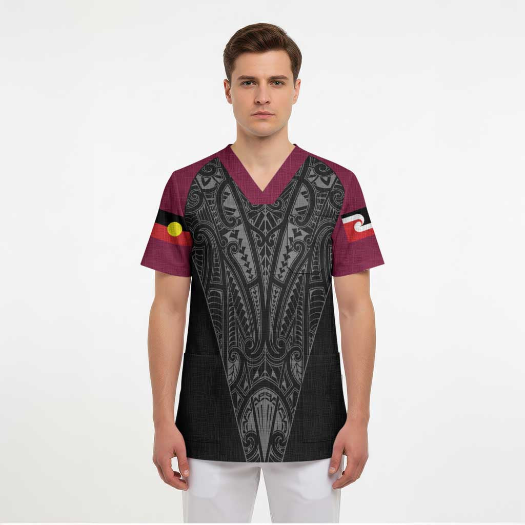 Queensland Maori Rugby Nga Hau e Wha Scrub Top Maroon Motif - Polynesian Pride