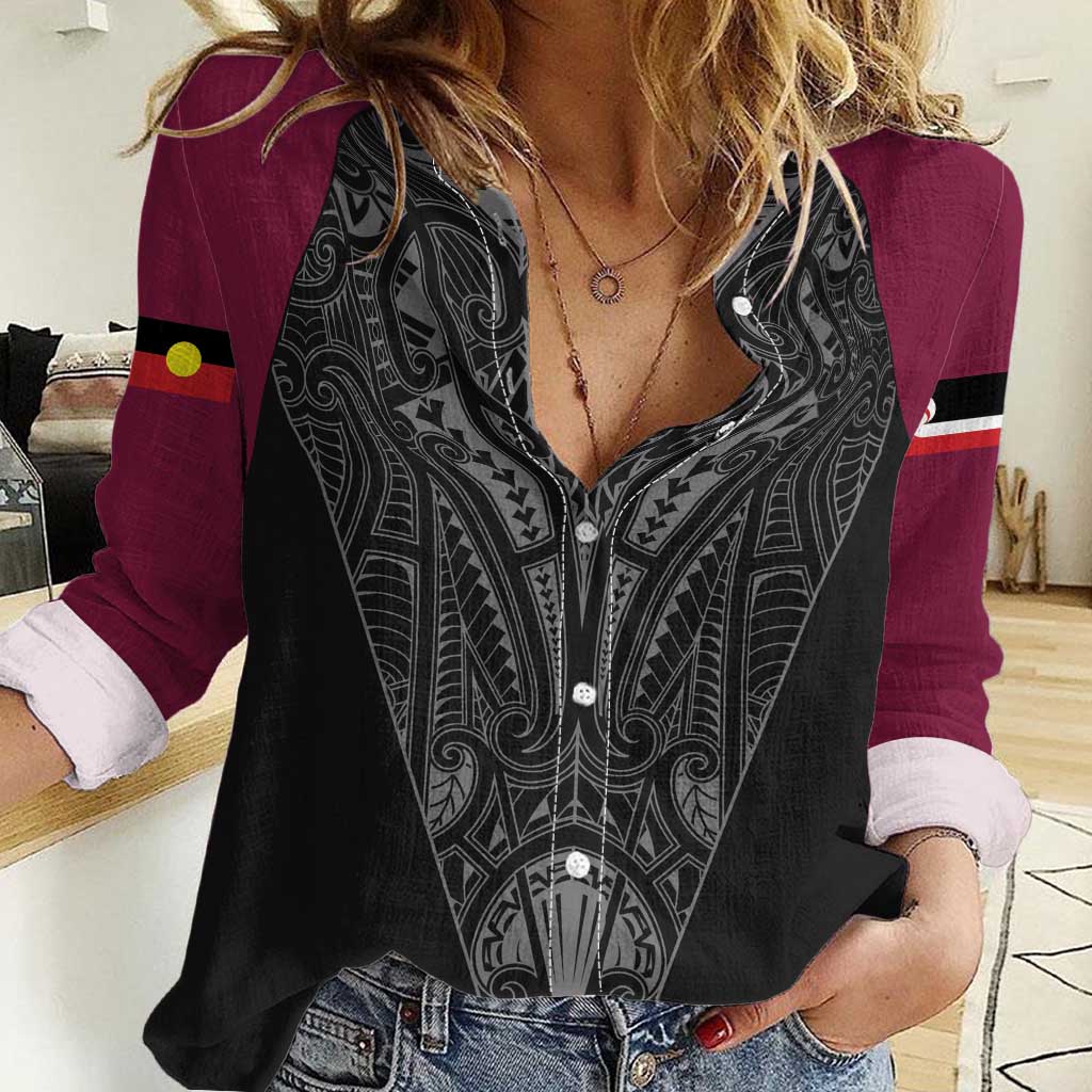 Queensland Maori Rugby Nga Hau e Wha Women Casual Shirt Maroon Motif