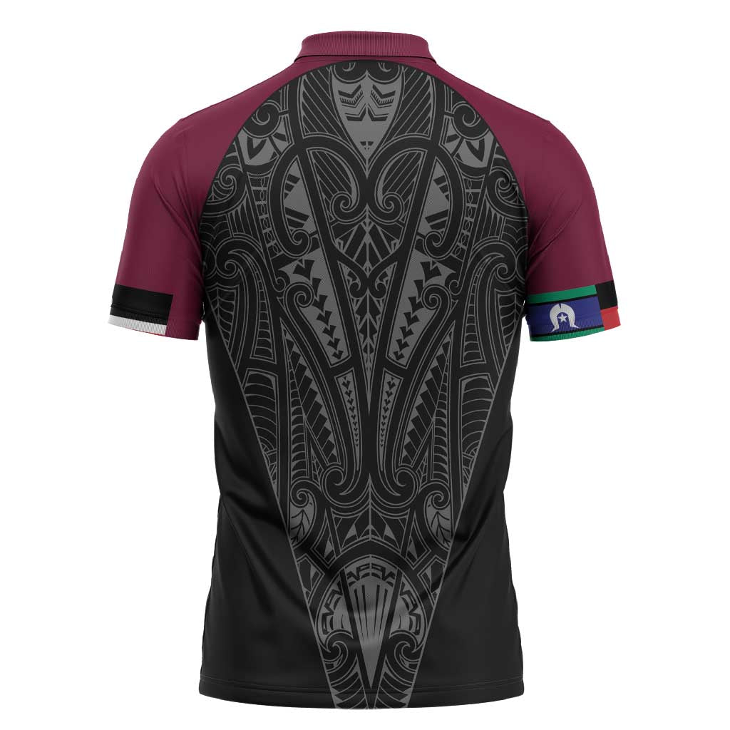 Queensland Maori Rugby Nga Hau e Wha Zipper Polo Shirt Maroon Motif - Polynesian Pride