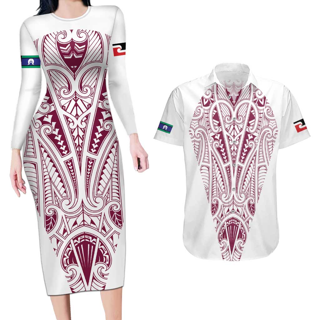 Queensland Maori Rugby Nga Hau e Wha Couples Matching Long Sleeve Bodycon Dress and Hawaiian Shirt White Motif LT9 White - Polynesian Pride