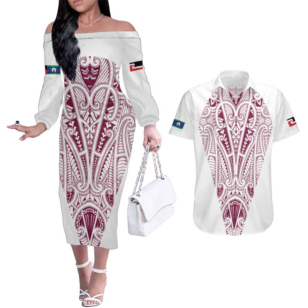 Queensland Maori Rugby Nga Hau e Wha Couples Matching Off The Shoulder Long Sleeve Dress and Hawaiian Shirt White Motif LT9 White - Polynesian Pride