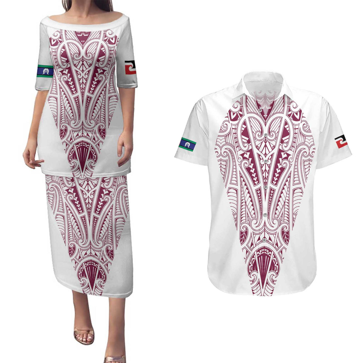 Queensland Maori Rugby Nga Hau e Wha Couples Matching Puletasi and Hawaiian Shirt White Motif LT9 White - Polynesian Pride