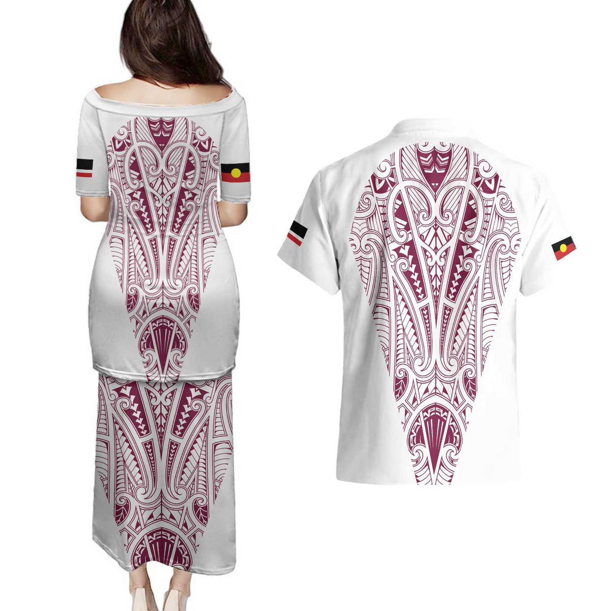 Queensland Maori Rugby Nga Hau e Wha Couples Matching Puletasi and Hawaiian Shirt White Motif LT9 - Polynesian Pride
