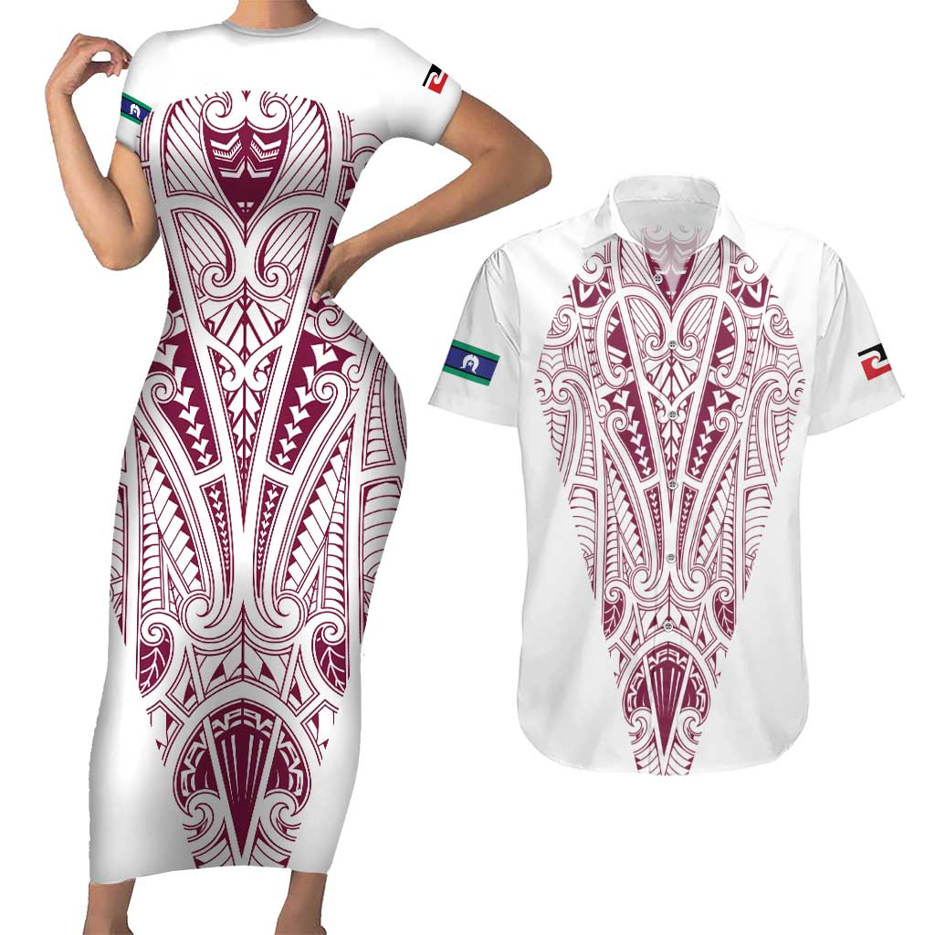 Queensland Maori Rugby Nga Hau e Wha Couples Matching Short Sleeve Bodycon Dress and Hawaiian Shirt White Motif LT9 White - Polynesian Pride