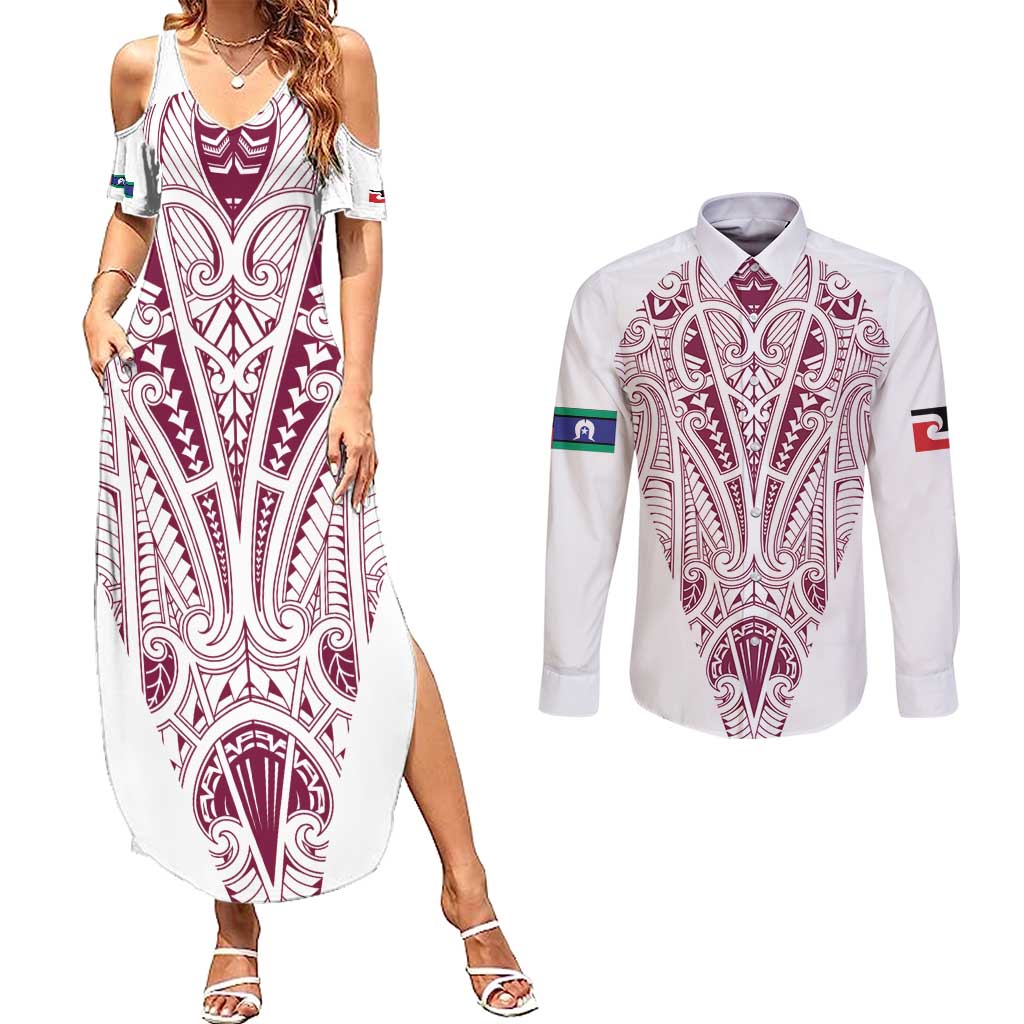 Queensland Maori Rugby Nga Hau e Wha Couples Matching Summer Maxi Dress and Long Sleeve Button Shirt White Motif LT9 White - Polynesian Pride