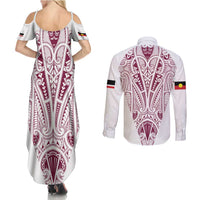 Queensland Maori Rugby Nga Hau e Wha Couples Matching Summer Maxi Dress and Long Sleeve Button Shirt White Motif LT9 - Polynesian Pride
