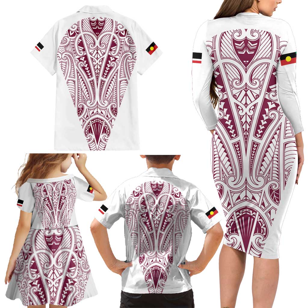 Queensland Maori Rugby Nga Hau e Wha Family Matching Long Sleeve Bodycon Dress and Hawaiian Shirt White Motif LT9 - Polynesian Pride