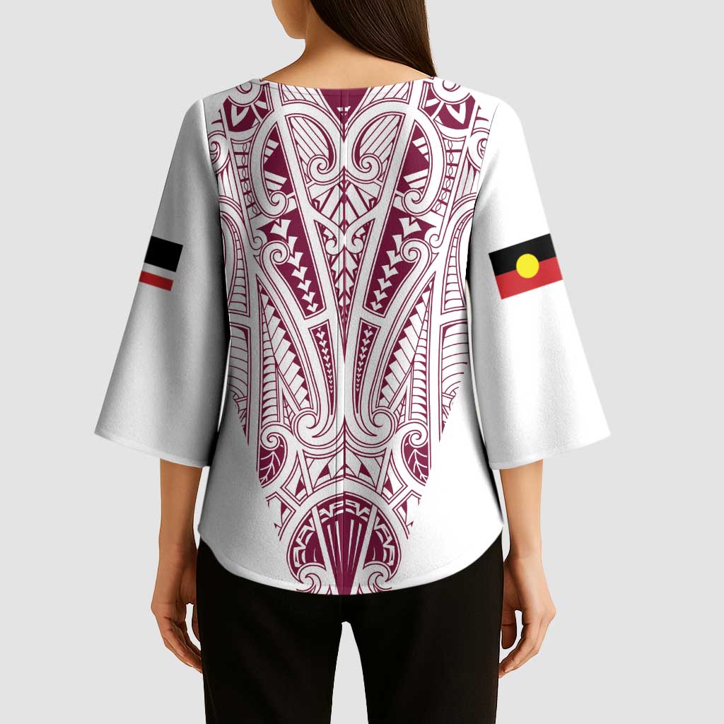 Queensland Maori Rugby Nga Hau e Wha Kimono Sleeve Blouse White Motif - Polynesian Pride