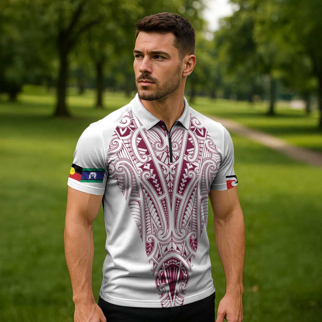 Queensland Maori Rugby Nga Hau e Wha Zipper Polo Shirt White Motif - Polynesian Pride